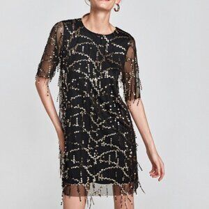 Zara Tassel Silver Sequin Black Dress Size Medium LBD Party Dress Formal